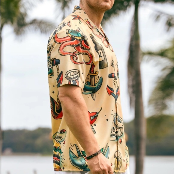 NWT, Hardaddy, Hardaddy Mens Hawaiian Sailing Print Camp Collar Loose Polo, L - Picture 3 of 7